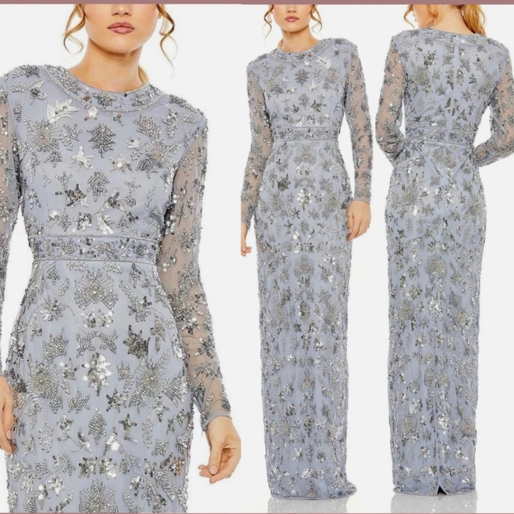 NWT $798 MacDuggal [ 16] High Neck Long Sleeve Embellish Gown Slate Blue Silver